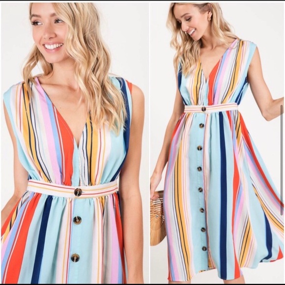 Stunning colorful stripes women’s midi dress spring summer - Picture 3 of 5